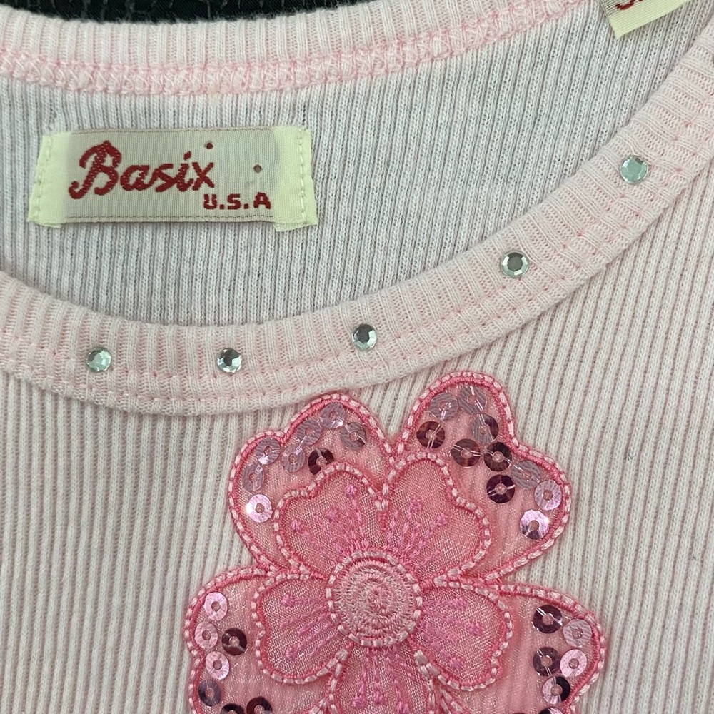“Basix U.S.A” Pastel Pink Rhinestone Embellished Rib-Knit Tank Top - Picture 4 of 6